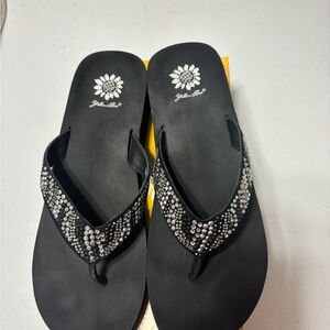 Yellow Box Black Sandals with Rhinestones